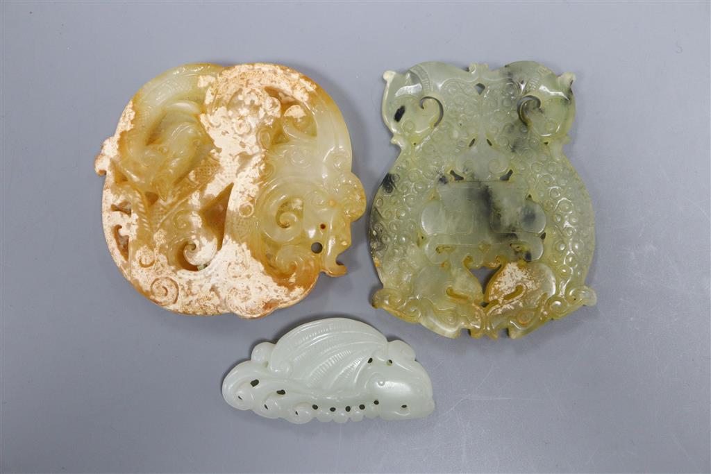 Three Chinese jade or hardstone plaques, 5.2 - 7.4cm